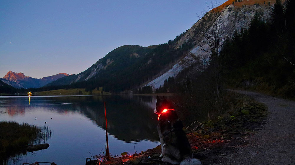 Νυχτερινή ατμόσφαιρα στη λίμνη του βουνού με ελαφρύ καλαμάκι Leuchtie